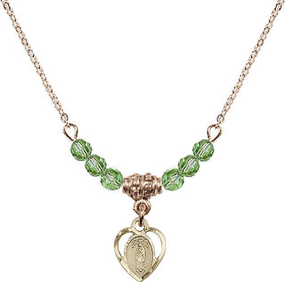 18" Hamilton Gold Plated Necklace with 4mm Peridot Crystal Beads featuring a 14kt Gold Filled Our Lady of Guadalupe Medal.
