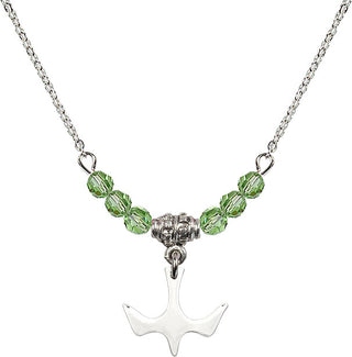 18" Rhodium Plated Necklace with 4mm Peridot Crystal Beads featuring a Sterling Silver Holy Spirit Medal.
