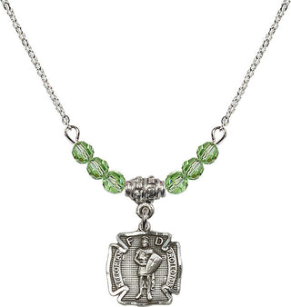 18" Rhodium Plated Necklace with 4mm Peridot Crystal Beads featuring a Sterling Silver Saint Florian Medal. Engraved Catholic Saint Jewelry