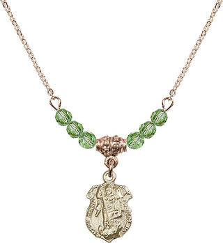 18" Hamilton Gold Plated Necklace with 4mm Peridot Crystal Beads featuring a 14kt Gold Filled Saint Michael the Archangel Medal. Engraved Catholic Saint Jewelry