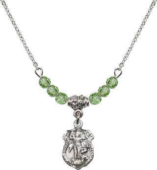 18" Rhodium Plated Necklace with 4mm Peridot Crystal Beads featuring a Sterling Silver Saint Michael the Archangel Medal. Engraved Catholic Saint Jewelry