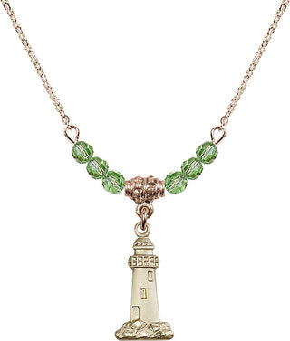 18" Hamilton Gold Plated Necklace with 4mm Peridot Crystal Beads featuring a 14kt Gold Filled Lighthouse Medal.