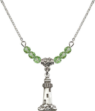 18" Rhodium Plated Necklace with 4mm Peridot Crystal Beads featuring a Sterling Silver Lighthouse Medal.