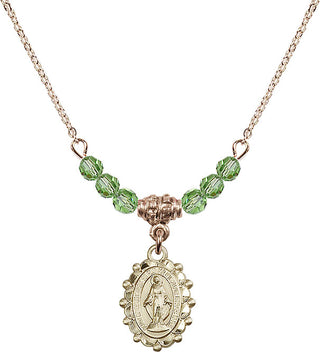 18" Hamilton Gold Plated Necklace with 4mm Peridot Crystal Beads featuring a 14kt Gold Filled Miraculous Medal.