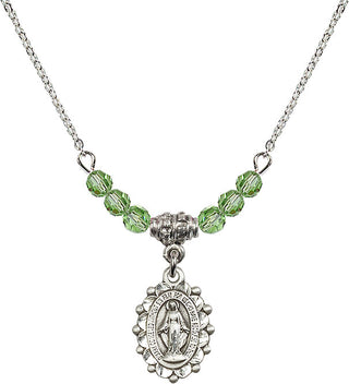 18" Rhodium Plated Necklace with 4mm Peridot Crystal Beads featuring a Sterling Silver Miraculous Medal.