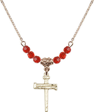 18" Hamilton Gold Plated Necklace with 4mm Ruby Crystal Beads featuring a 14kt Gold Filled Nail Cross Medal.