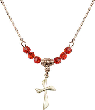 18" Hamilton Gold Plated Necklace with 4mm Ruby Crystal Beads featuring a 14kt Gold Filled Cross Medal.