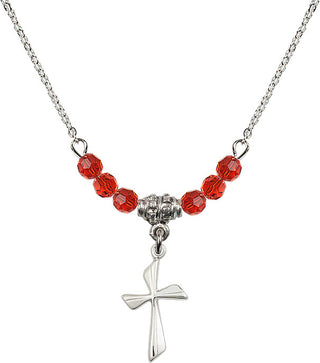 18" Rhodium Plated Necklace with 4mm Ruby Crystal Beads featuring a Sterling Silver Cross Medal.