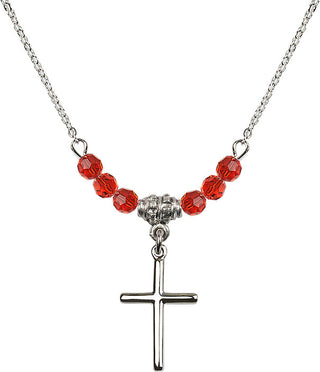 18" Rhodium Plated Necklace with 4mm Ruby Crystal Beads featuring a Sterling Silver Cross Medal.