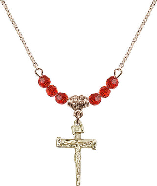 18" Hamilton Gold Plated Necklace with 4mm Ruby Crystal Beads featuring a 14kt Gold Filled Nail Crucifix Medal.