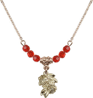 18" Hamilton Gold Plated Necklace with 4mm Ruby Crystal Beads featuring a 14kt Gold Filled Rose Medal.
