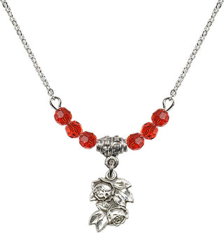 18" Rhodium Plated Necklace with 4mm Ruby Crystal Beads featuring a Sterling Silver Rose Medal.