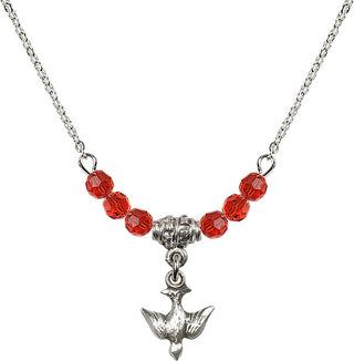 18" Rhodium Plated Necklace with 4mm Ruby Crystal Beads featuring a Sterling Silver Holy Spirit Medal.