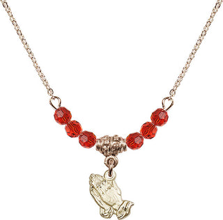 18" Hamilton Gold Plated Necklace with 4mm Ruby Crystal Beads featuring a 14kt Gold Filled Praying Hands Medal.