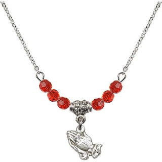 18" Rhodium Plated Necklace with 4mm Ruby Crystal Beads featuring a Sterling Silver Praying Hands Medal.