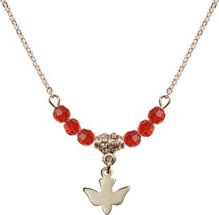 18" Hamilton Gold Plated Necklace with 4mm Ruby Crystal Beads featuring a 14kt Gold Filled Holy Spirit Medal.