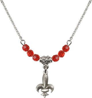 18" Rhodium Plated Necklace with 4mm Ruby Crystal Beads featuring a Sterling Silver Fleur de Lis Medal.