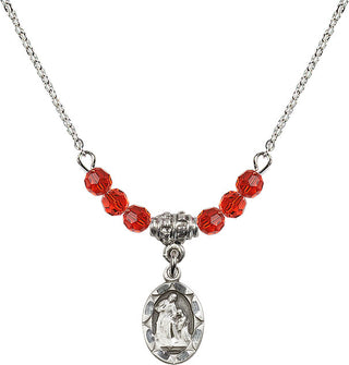 18" Rhodium Plated Necklace with 4mm Ruby Crystal Beads featuring a Sterling Silver Saint Ann Medal.