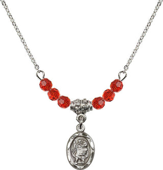 18" Rhodium Plated Necklace with 4mm Ruby Crystal Beads featuring a Sterling Silver Saint Christopher Medal.