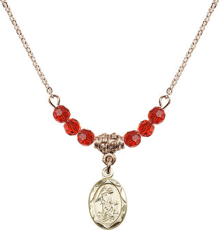 18" Hamilton Gold Plated Necklace with 4mm Ruby Crystal Beads featuring a 14kt Gold Filled Guardian Angel Medal.