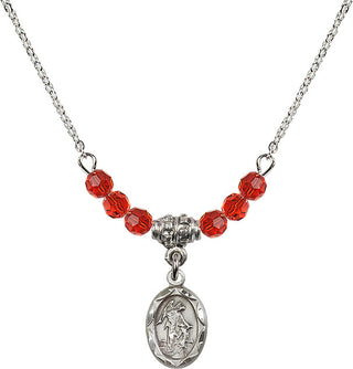 18" Rhodium Plated Necklace with 4mm Ruby Crystal Beads featuring a Sterling Silver Guardian Angel Medal.