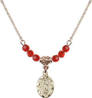 18" Hamilton Gold Plated Necklace with 4mm Ruby Crystal Beads featuring a 14kt Gold Filled Our Lady of Guadalupe Medal.
