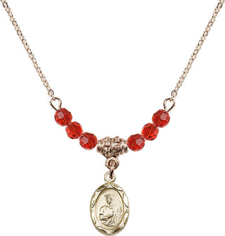 18" Hamilton Gold Plated Necklace with 4mm Ruby Crystal Beads featuring a 14kt Gold Filled Saint Jude Medal.