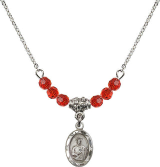 18" Rhodium Plated Necklace with 4mm Ruby Crystal Beads featuring a Sterling Silver Saint Jude Medal.