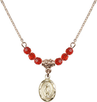 18" Hamilton Gold Plated Necklace with 4mm Ruby Crystal Beads featuring a 14kt Gold Filled Miraculous Medal.