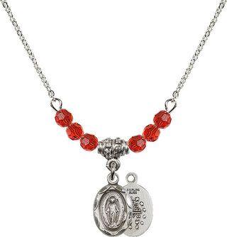 18" Rhodium Plated Necklace with 4mm Ruby Crystal Beads featuring a Sterling Silver Miraculous Medal.