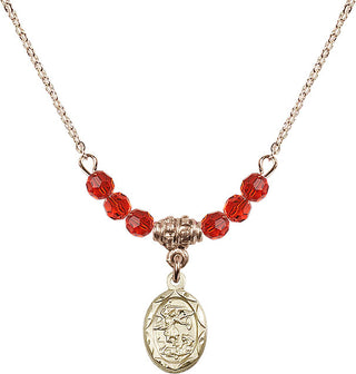 18" Hamilton Gold Plated Necklace with 4mm Ruby Crystal Beads featuring a 14kt Gold Filled Saint Michael the Archangel Medal.