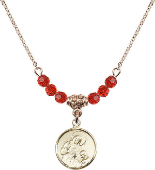 18" Hamilton Gold Plated Necklace with 4mm Ruby Crystal Beads featuring a 14kt Gold Filled Saint Ann Medal. Engraved Catholic Saint Jewelry