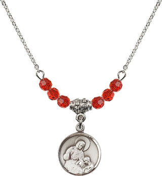 18" Rhodium Plated Necklace with 4mm Ruby Crystal Beads featuring a Sterling Silver Saint Ann Medal. Engraved Catholic Saint Jewelry