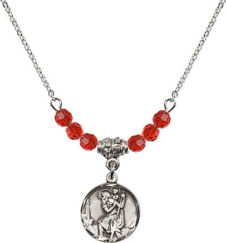 18" Rhodium Plated Necklace with 4mm Ruby Crystal Beads featuring a Sterling Silver Saint Christopher Medal. Engraved Catholic Saint Jewelry