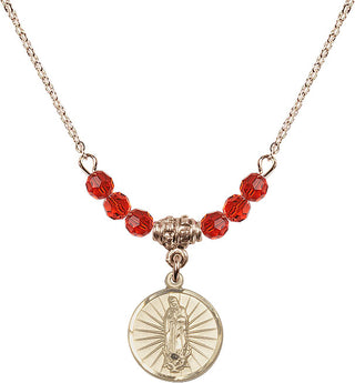 18" Hamilton Gold Plated Necklace with 4mm Ruby Crystal Beads featuring a 14kt Gold Filled Our Lady of Guadalupe Medal. Engraved Catholic Saint Jewelry