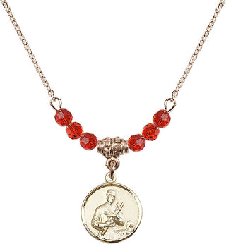 18" Hamilton Gold Plated Necklace with 4mm Ruby Crystal Beads featuring a 14kt Gold Filled Saint Gerard Medal. Engraved Catholic Saint Jewelry