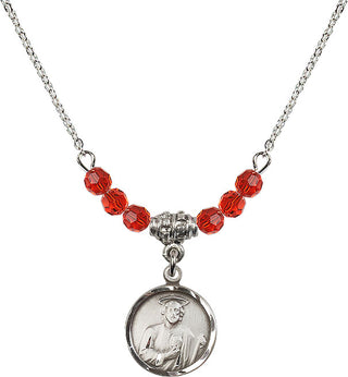18" Rhodium Plated Necklace with 4mm Ruby Crystal Beads featuring a Sterling Silver Saint Jude Medal. Engraved Catholic Saint Jewelry