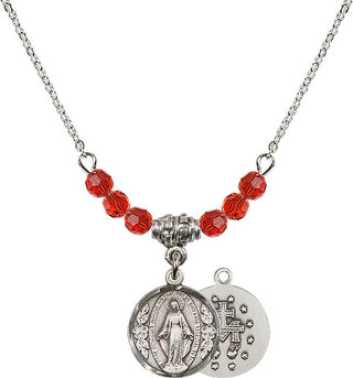 18" Rhodium Plated Necklace with 4mm Ruby Crystal Beads featuring a Sterling Silver Miraculous Medal.
