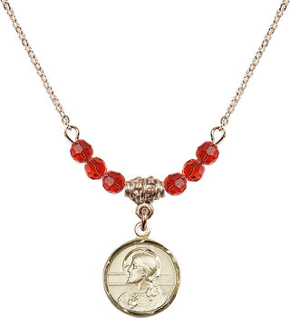 18" Hamilton Gold Plated Necklace with 4mm Ruby Crystal Beads featuring a 14kt Gold Filled Scapular Medal.
