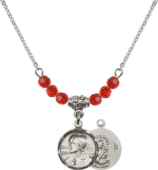 18" Rhodium Plated Necklace with 4mm Ruby Crystal Beads featuring a Sterling Silver Scapular Medal.