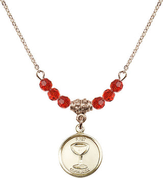 18" Hamilton Gold Plated Necklace with 4mm Ruby Crystal Beads featuring a 14kt Gold Filled Communion Medal. Engraved Catholic Saint Jewelry