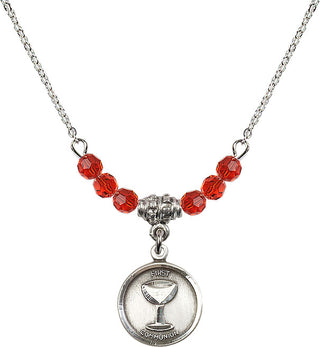 18" Rhodium Plated Necklace with 4mm Ruby Crystal Beads featuring a Sterling Silver Communion Medal. Engraved Catholic Saint Jewelry