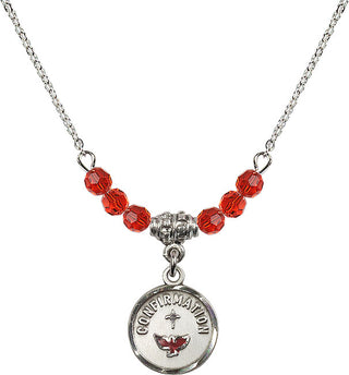 18" Rhodium Plated Necklace with 4mm Ruby Crystal Beads featuring a Sterling Silver Confirmation Medal. Engraved Catholic Saint Jewelry