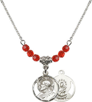 18" Rhodium Plated Necklace with 4mm Ruby Crystal Beads featuring a Sterling Silver Scapular Medal.