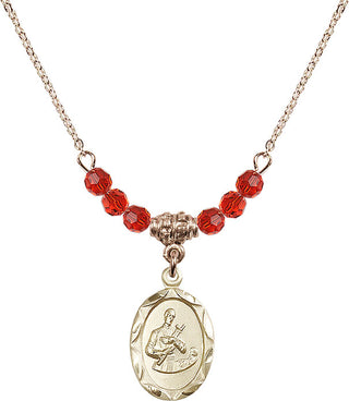 18" Hamilton Gold Plated Necklace with 4mm Ruby Crystal Beads featuring a 14kt Gold Filled Saint Gerard Medal. Engraved Catholic Saint Jewelry