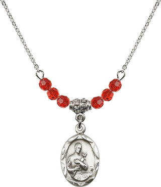 18" Rhodium Plated Necklace with 4mm Ruby Crystal Beads featuring a Sterling Silver Saint Gerard Medal. Engraved Catholic Saint Jewelry