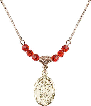 18" Hamilton Gold Plated Necklace with 4mm Ruby Crystal Beads featuring a 14kt Gold Filled Saint Michael the Archangel Medal.