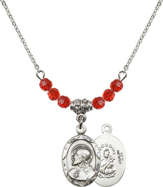 18" Rhodium Plated Necklace with 4mm Ruby Crystal Beads featuring a Sterling Silver Scapular Medal.