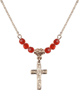 18" Hamilton Gold Plated Necklace with 4mm Ruby Crystal Beads featuring a 14kt Gold Filled Cross Medal.
