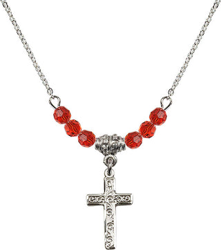 18" Rhodium Plated Necklace with 4mm Ruby Crystal Beads featuring a Sterling Silver Cross Medal.